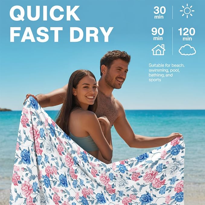 2 Pcs Microfiber Beach Towel Sand Free Quick Dry Oversized Lightweight Floral Watercolor Artistic Style Pink Purple Lavender White for Pool Travel 71 x 32 Inches
