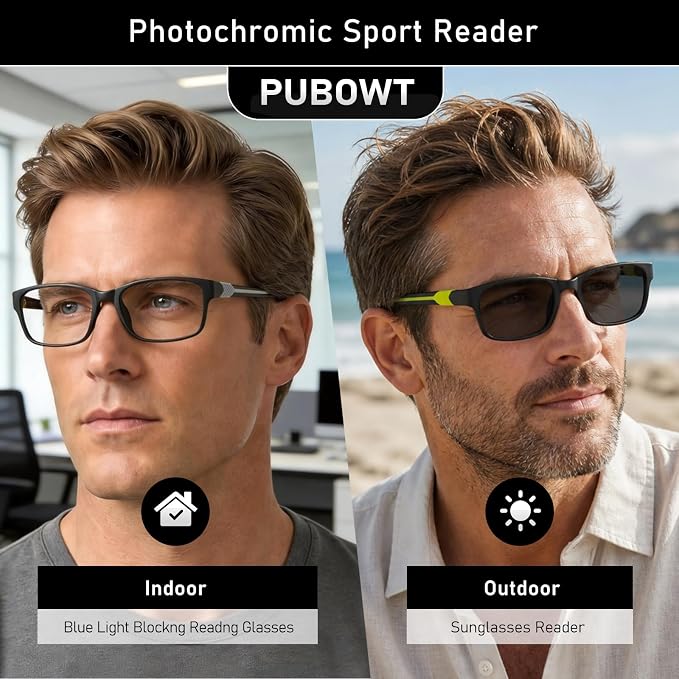 Sport Photochromic Reading Glasses Blue Light Computer Reader Designer Wide Cheater Large Head Tinted Eyeglass PT2040
