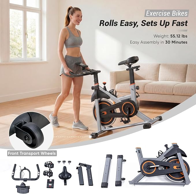 OLIXIS Exercise Bike with APP Control, Brake Pad Stationary Bikes with Quiet Magnetic Resistance, Indoor Cycling Spin Workout Bike with 300.0 lbs Weight Capacity,Orange/Red/Blue