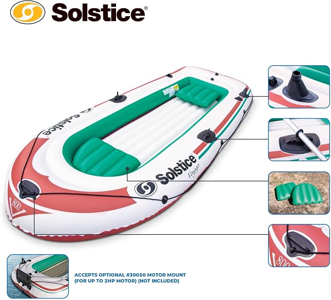 SOLSTICE Inflatable Boat for Lakes, Rivers & Beaches – Heavy-Duty Raft with Swivel Oar Locks, Rod Holders & Inflatable Seats – Voyager, Fishing, 6-Person, Brown, 11'