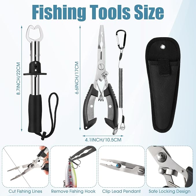 RoundFunny 3 Layers Fishing Tackle Box 414 Pcs Fishing Gift Lures Gear Kit with Tackle Included Pliers Lip Gripper Bait Hook Accessories for Beginner Fisherman Women Men, Fit Bass Trout