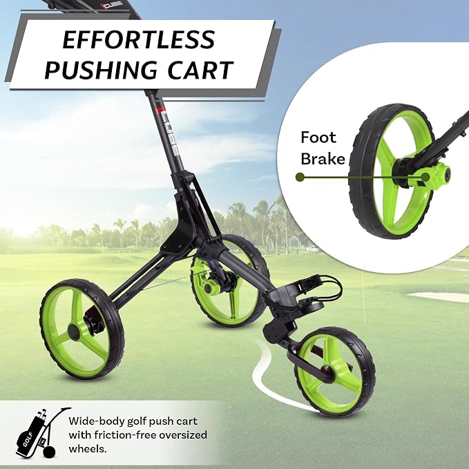 CUBE CART 3-Wheel Golf Push Cart – Ultra-Compact 14.5 lb Folding Golf Trolley, Two-Step Fold, Adjustable Handle, Foot Brake, Umbrella Holder & Built-in Storage