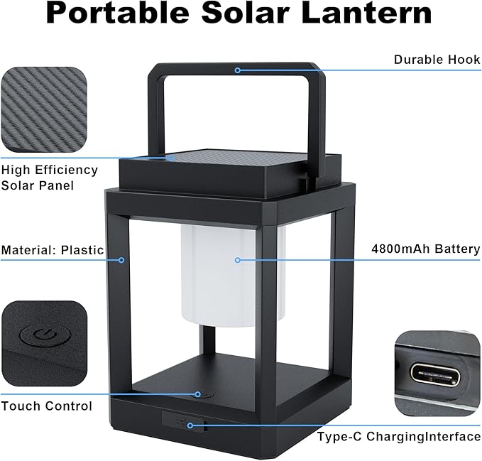 Outdoor Table Lamp, 3-Level Brightness LED Solar Table Lamp, Solar Lanterns Outdoor Waterproof Hanging for Patio Walking Reading Camping