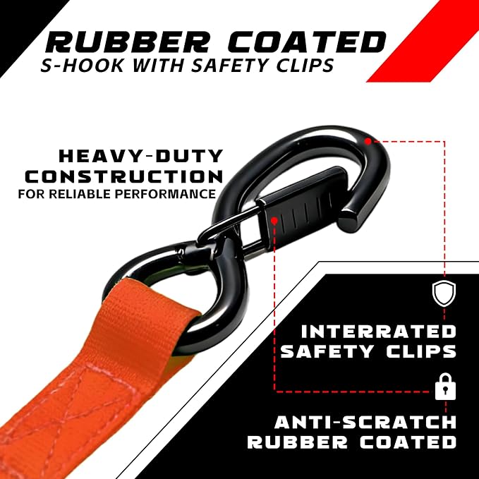 Retractable Ratchet Straps (2-Pack) - Heavy Duty Auto Slow Retraction Tie Down Straps - 1 Inch x 13 Feet (1,800lb Break Strength) for Truck, Cargo Trailer, Motorcycle, ATV, UTV - Red