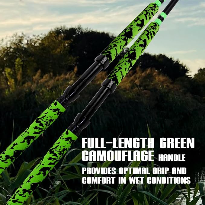 Fiblink Catfish Fishing Rods 7'6"/8'6"/10'Green Catfish Rod 1 Piece/2 Piece Portable Travel Catfishing Rod Fishing Catfish Casting/Spinning Rod with Camo Eva Handle