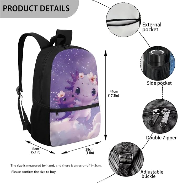 Axolotl Backpack for Girls Bookbag with Lunch Box, Children Boys School Bag with Lunch Bag Pencil Case Water Bottle Holder Set 4 in 1 School Supplies