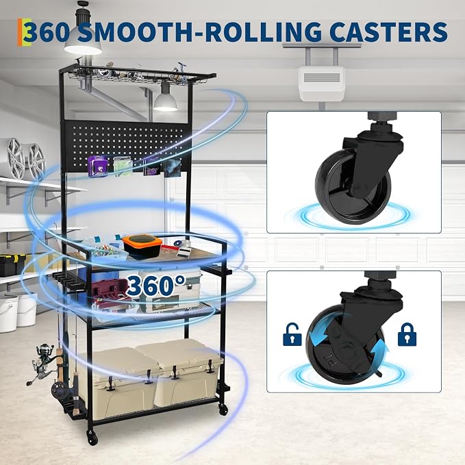 Fishing Rod Holders for Garage, Fishing Pole Rack with 3 Tier Shelf, Heavy Duty Fishing Pole Holders with Pegboard and Basket, Freestanding Fishing Rod Rack Hold up to 12 Fishing Rods, Black