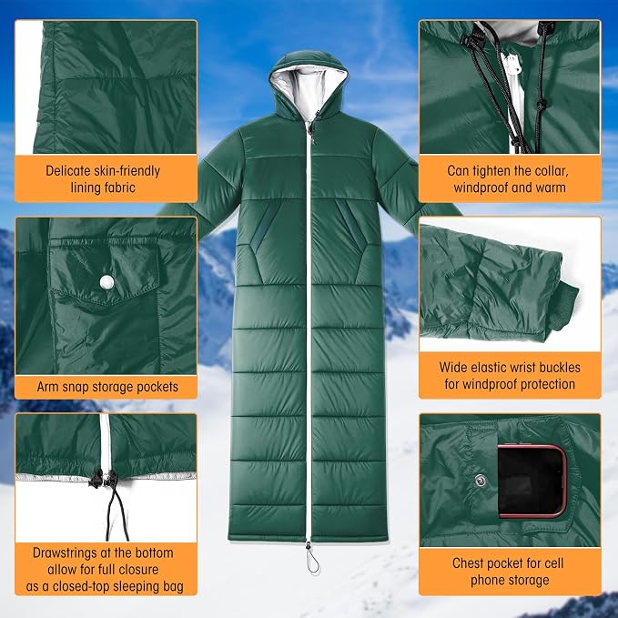 Macarrie Cold Weather Wearable Sleeping Bag for Adults with Sleeves and Hood 74 Inch Long 0 Degree Winter Weather Insulated Extreme Cold Sleeping Bag Coat for Camping Hiking Stadium