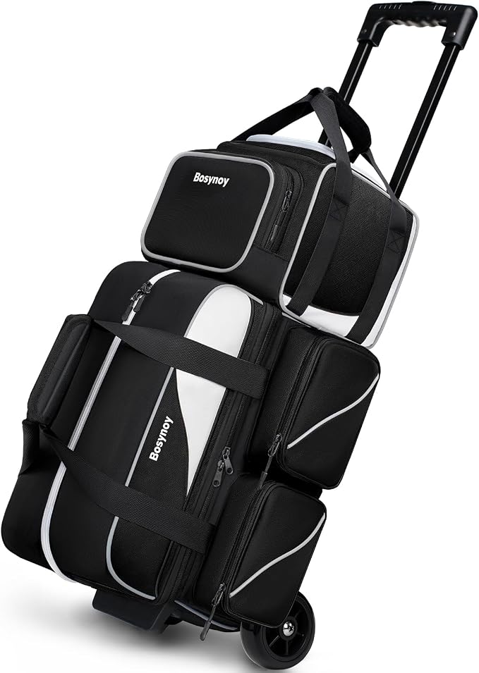 Bosynoy 3 Ball Bowling Bags with Wheels, Single Ball Tote+2 Ball Bowling Bag with Shoe Compartment (Up to US Men Size 16), Bowling Ball Bag 3 Ball Roller with Insulated Pockets, Black