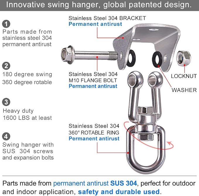BeneLabel Swing Hanger 304 Stainless Steel Ceiling Swing Mount 1000 LB Capacity Swings Hardware 360° Swivel Hook for Yoga Punching Bag, Hammock Chair, Porch Swing, Hanging Chair