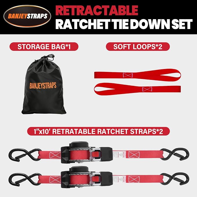 Ratchet Strap Retractable 1" x 10' - 2 Pack, Auto Self Retracting Tie Down Straps with Heavy Duty Ratchet (1540lbs Break Strength), for Motorcycle, ATV, UTV, Truck Cargo