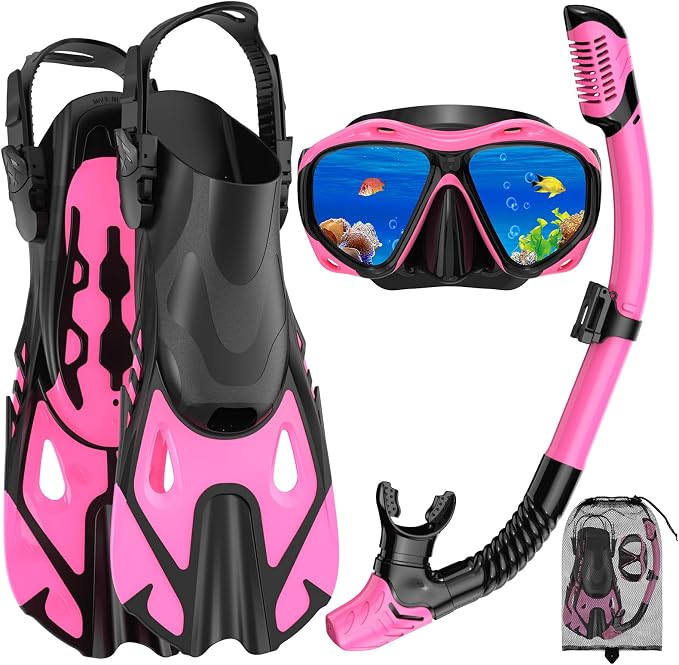 Snorkeling Gear for Adults, Mask Fin Snorkel Set, Dry Top Snorkel Mask, Panoramic View Anti-Leak Anti-Fog 3 in 1 Snorkeling Kit Travel Diving Package with Storage Bag