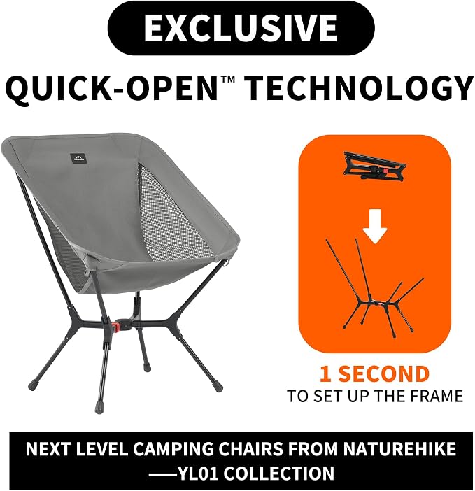 Naturehike YL01 Snap Camping Chair, 1 Second Setup Frame, 441lb Capacity Camp Chair, Portable & Lightweight Backpacking Chair