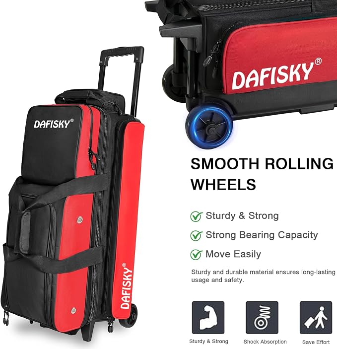 DAFISKY 3 Ball Bowling Bags with Wheels, Roller Bowling Bag with Multiple Pockets Retractable Handle Extends to 38‘’