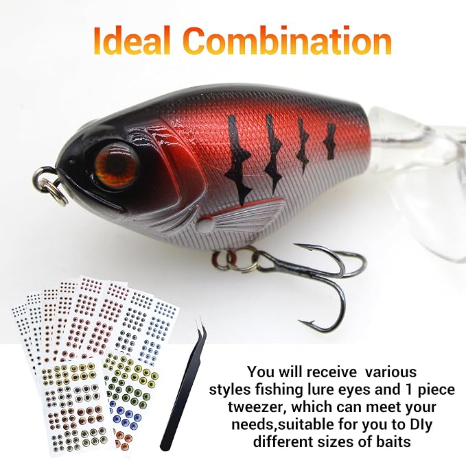 3D 4D 5D Fishing Lure Eyes Assortment with 1 Piece Tweezer for Making Fish Bait Fly Tying Streamers Crafts DIY Accessory (6 Sizes: 3 mm/ 4 mm/ 5 mm/ 6 mm/ 8 mm/ 10 mm)