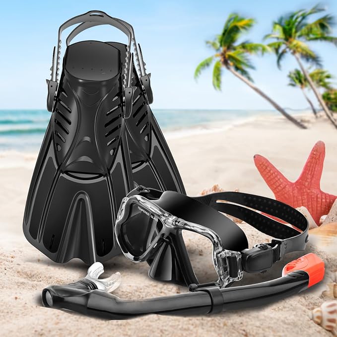 Snorkeling Gear for Kids, 4 in 1 Child Mask Fins Snorkel Set with Panoramic View Anti Fog Mask, Dry Top Snorkel, Trek Fins and Travel Bag, Kids Snorkeling Set with Fins for Snorkeling Swimming