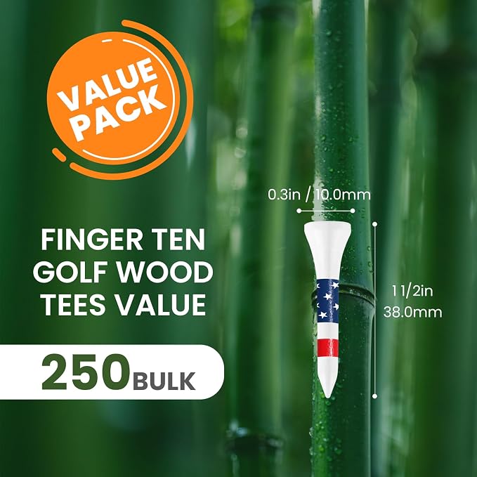FINGER TEN Bamboo Golf Tees Wood 1 1/2 2 3/4 3 1/4 Inch Wooden Short Long Tee Color Bulk 250/500/1000/2000 Count for Men Women Kids in Red Pink USA Flag