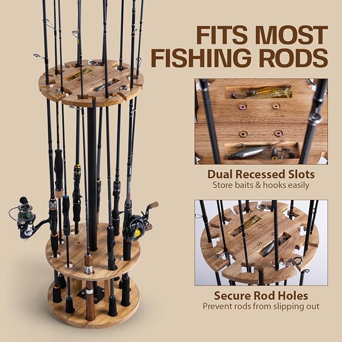 Goture Round Fishing Rod Holders for Garage, Floor Stand Holds up to 10 Rods, 2 Built-in Grooves, Solid Rubber Wood Fishing Gear Equipment Storage Organizer, Ideal Fishing Gift for Men Women