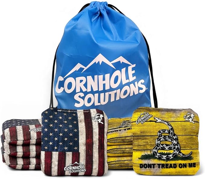 Cornhole Solutions - Professional Cornhole Bags Set of 8 – Regulation 6"x6" – USA Flag Designs – Resin Filled + Tote Bag