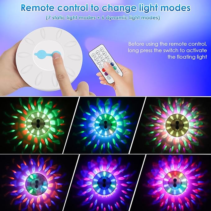 QOLNBY Floating Pool Lights(4 Pack), Pool Light with 6 Dynamic Lighting Effects, IP68 Waterproof Pool Lights that Float, Rechargeable RGB Upper and Lower Color Changing Lights for Hot Tub, Patio