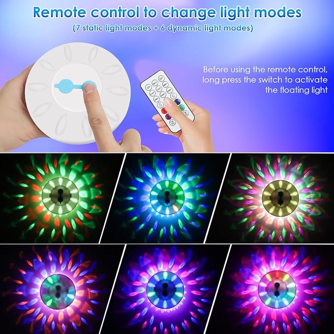 QOLNBY Floating Pool Lights(2 Pack), IP68 Waterproof Pool Lights, Rechargeable RGB Upper and Lower Color Changing Pool Lights with 6 Dynamic Lighting Effects, Floating Light for Pond Gardens,Party
