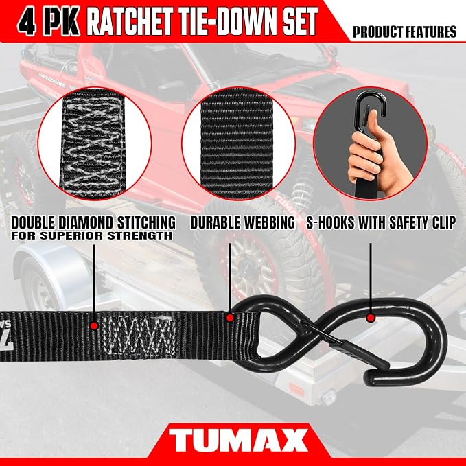 4Pcs Ratchet Tie Down Straps for 2200lb Break Strength, 1” x 15FT Tie Down Straps with Soft Loop & Safety S Hook - Cargo Strap Tie Down for Trucks, Motorcycle, Moving, Appliances, Black