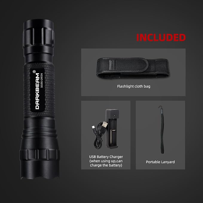 DARKBEAM Green Light Flashlight Tactical LED Rechargeable, Zoomable Portable Handheld Green-Light for Fishing Hunting Detector Astrophotography