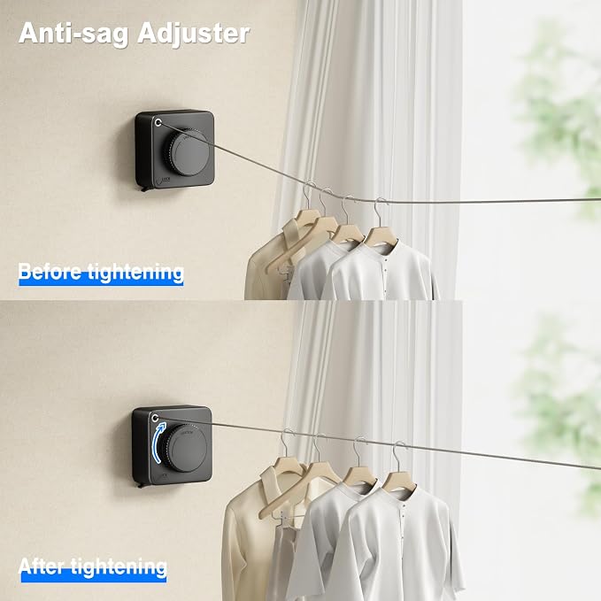 MUSTORN Retractable Clothesline Indoor, Non-Sagging Outdoor Clothes Line Retracting Heavy Duty Clothes Drying Laundry Line Wall Mounted Stainless Steel Line-15.1 Feets(Black)