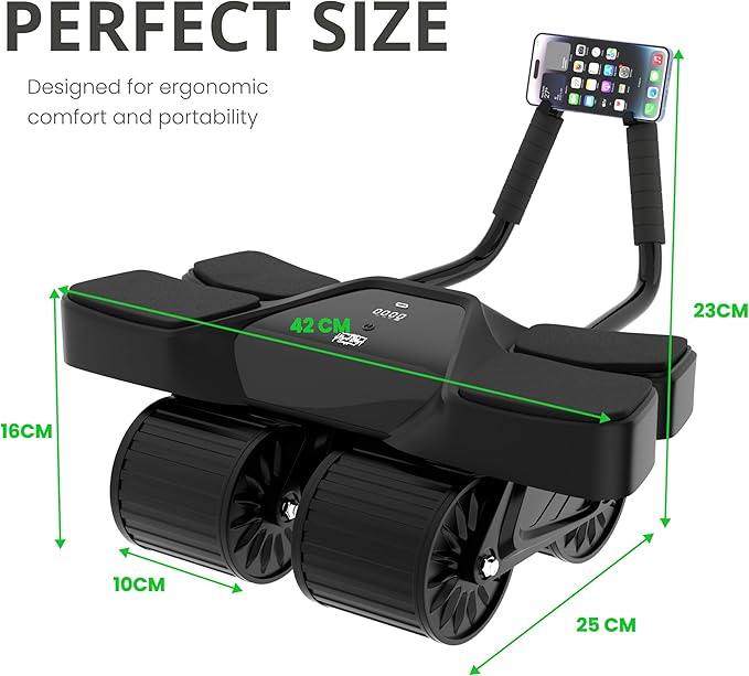 Ab Roller Home Gym Equipment – 4 Wheels Ab Wheel Muscle Roller with Built-in Tracker , 5Pcs Resistance Bands, Ankle Straps, Door Anchor, Handles, Travel Bag – Comfortable Elbow Support with Non-Slip Handles