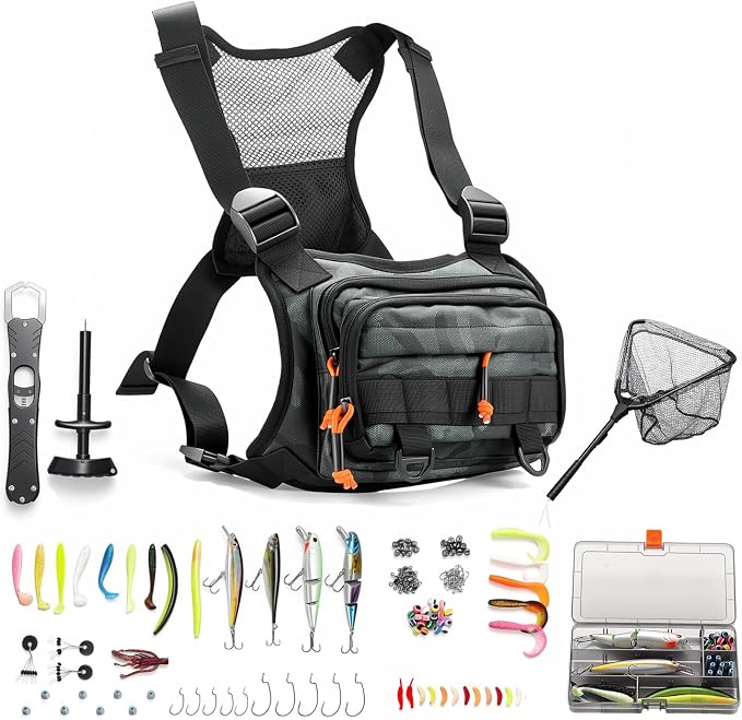 Fishing Chest Pack Vest Bag w/ Fish Floating Landing Net, Tackle Box, Fishing Lures Kit, Hook Remover, Fish Lip Gripper, Fishing Plier Friendly for Beginners Gifts for Men (w/ Fish Net) (Green)