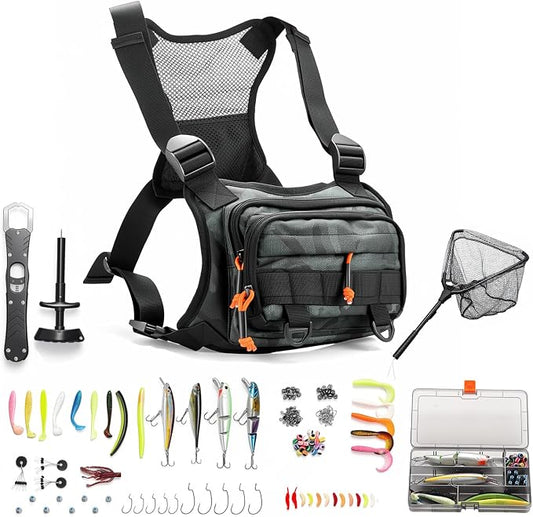 Fishing Chest Pack Vest Bag w/ Fish Floating Landing Net, Tackle Box, Fishing Lures Kit, Hook Remover, Fish Lip Gripper, Fishing Plier Friendly for Beginners Gifts for Men (w/ Fish Net) (Green)