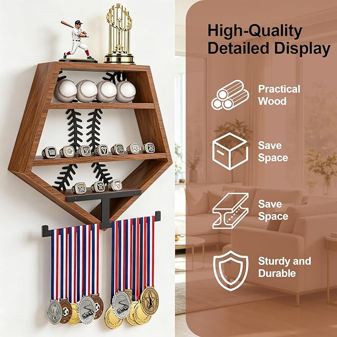 Baseball Ring Holder, Baseball Display Shelf, Soild Wood, Wall Mount Baseball Ring Holder for Balls, Trophy, Medals, and Memorabilia, Walnut Color