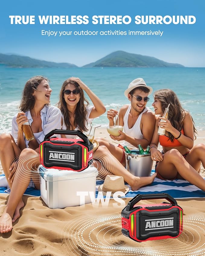 ANCOON Speakers Bluetooth Wireless: 80W(Peak) Loud Speaker with Bass, 20H Playtime, IPX6 Waterproof, Large Jobsite Speakers for Work, Outdoor, Workshop, Garage, Portable Speaker with TWS (Red)