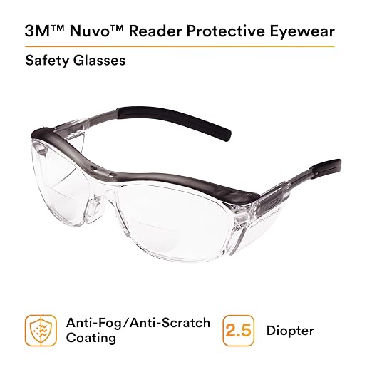 3M Safety Glasses with Readers, Nuvo Protective Eyewear, +2.5, ANSI Z87, Gray Frame, Clear Lens, Soft Nose Bridge, Side Shields