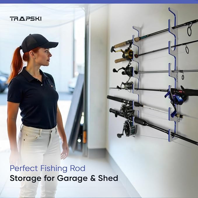 TRAPSKI Made in the USA Premium Fishing Rod/Pole Holder Rack Organizer | Wall or Ceiling Mounted Fishing Rod Rack | Marine Grade HDPE Plastic | Pole Holder for 6 or 12 + Stackable