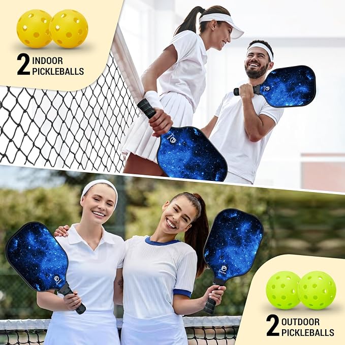 Dulce DOM Pickleball Paddles Set of 2/4 - USAPA Approved, 4 Indoor Outdoor Pickleball Balls, Fiberglass Surface Paddle Racket with Cover Bag, Ideal Training Equipment Gift for Men & Women