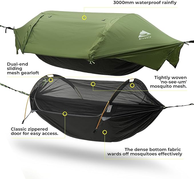Camping Hammock Tent with Mosquito Net & RainFly, 3 in 1 Waterproof Portable Sleeping Hammock Bug Backpacker Lightweight Outdoor Gear Swing for Hiking Travel Patio Expedition(Dark Green)
