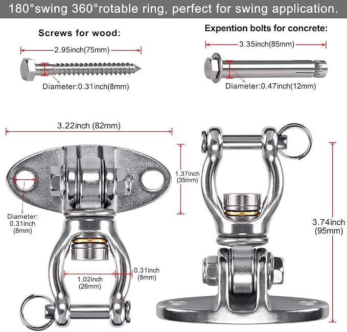 SELEWARE Silent Bearing Swivel Swing Hanger Stainless Steel Swing Hook Ceiling Mount Swing Bracket for Aerial Yoga Silks Swing Chair Heavy Bag Swing Set Indoor Outdoor