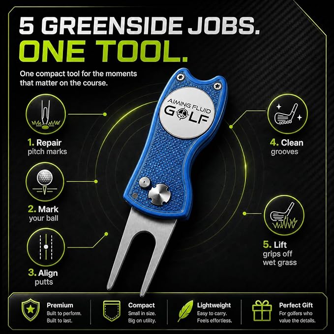 Golf Divot Repair Tool — 5-in-1 Golfing Ball Marker, Pitch Mark Repair, Putting Alignment, Club Tee, and Groove Cleaner, Accessory Metal Switchblade Design - Ideal Gift for Golfers