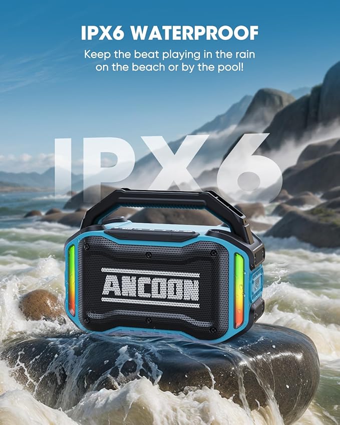ANCOON Speakers Bluetooth Wireless: 80W(Peak) Loud Speaker with Bass, 20H Playtime, IPX6 Waterproof, Large Jobsite Speakers for Work, Outdoor, Workshop, Garage, Portable Speaker with TWS (Sky Blue)