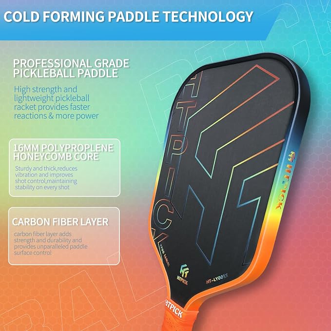 Pickleball Paddles, Carbon Fiber Pickleball Paddle High Grit & Spin with PP Honeycomb Core 16mm Thickness and Thermoformed Elongated Shape, Increased Power for Ultimate Spin & Consistency