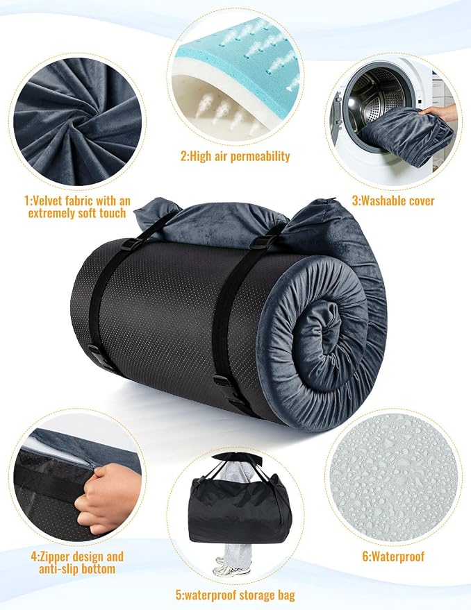 Memory Foam Camping Mattress Pad, Ventilated Breathable Design CertiPUR-US & Oeko-TEX Certified Sleeping Pad Waterproof 3inch Non-Slip Portable Sleeping Camping Mat with Storage Bag for Car Travel