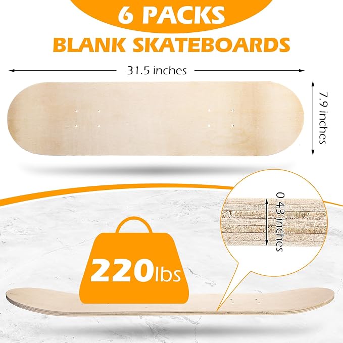 Honoson 6 Pcs Blank Skateboard Decks Bulk 32 x 8 Inch 7 Ply Maple Wooden Plain Skate Decks Natural Wood Double Tail Skateboard for Art Painting Wall Home Decoration