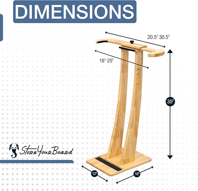 StoreYourBoard SurfStand, Vertical Surfboard Stand, Freestanding Wooden Indoor Display for Shortboard and Longboard, Adjustable to Fit Boards 16" to 26" Wide