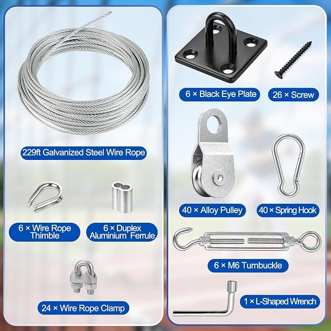 Batting Cage Cable Kit for 10/20/35/55/70FT, Heavy Duty Retractable Batting Cage Netting Net Wire Tension Hanging Kit, Batting Cage Frame for Backyard, DIY Baseball & Softball Hitting Tunnels