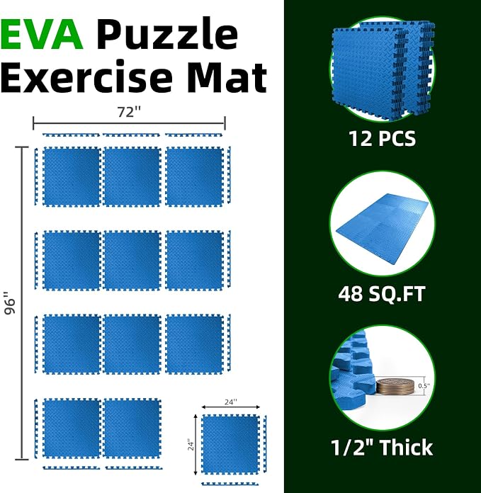 Art3d 12 Pack 24" x 24" EVA Interlocking Exercise Mats, 1/2" Thick Foam Puzzle Flooring for Workout, Gym Equipments, Training Areas, 48 Sq.FT, Blue