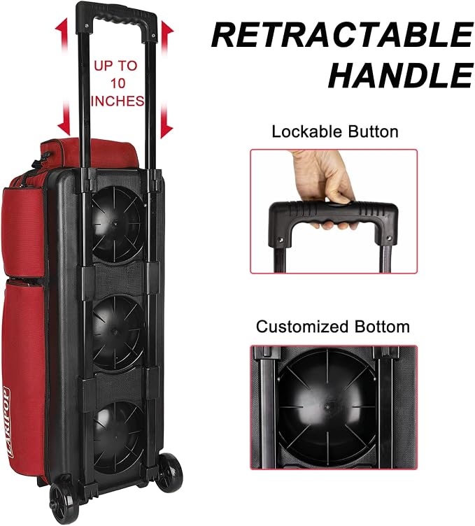 LARIPOP 3 Ball Bowling Bag with Wheels and Shoe Compartment, Rolling Bowling Bag for 3 Balls, Heavy Duty Bowling Roller Bag with Retractable Handle for Men Women