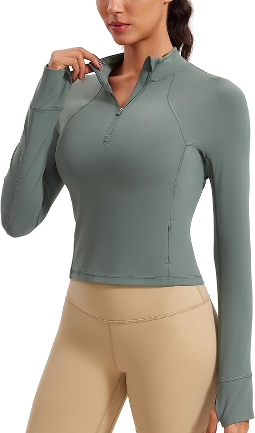 CRZ YOGA Butterluxe Half Zip Long Sleeve Shirts for Women - Workout Athletic Yoga Tops Crop Collared Quarter Zipper T-Shirt