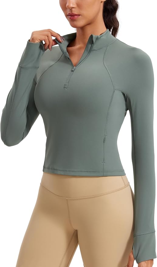 CRZ YOGA Butterluxe Half Zip Long Sleeve Shirts for Women - Workout Athletic Yoga Tops Crop Collared Quarter Zipper T-Shirt