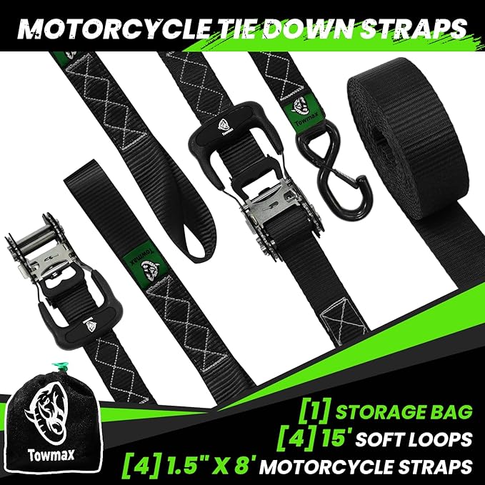 Ratchet Straps Heavy Duty 4 Pack -1.5 Inch x 8 Feet (5,208LB Break Strength)- Motorcycle Tie Down Straps -1.5xThickened Wear-Resistant Ratchet Tie Down Set for Powersports, Motorcycle or Moving Cargo